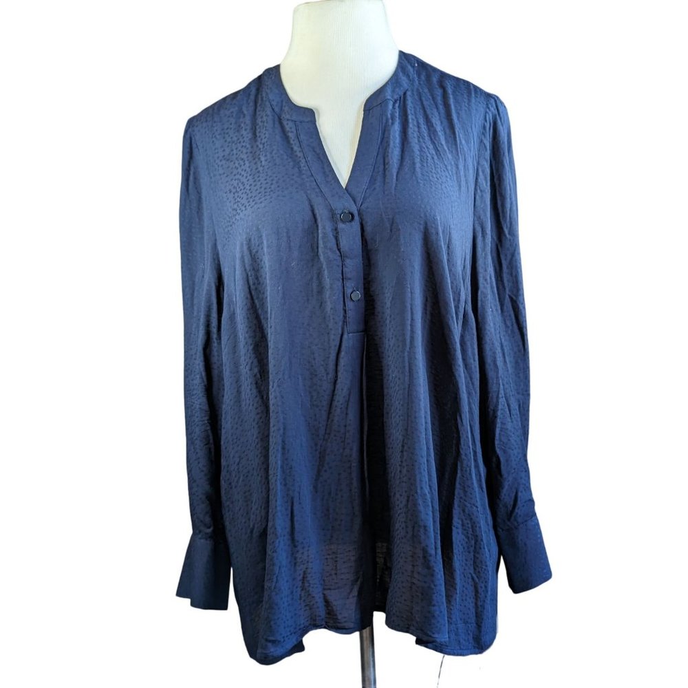 Lane Bryant Navy Textured Long Sleeve Henley Blouse